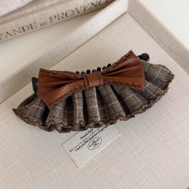 E廠-復古格紋學院風可露麗香蕉夾後腦勺蝴蝶結髮夾髮卡竪式高馬尾髮飾「27719」25.11-4