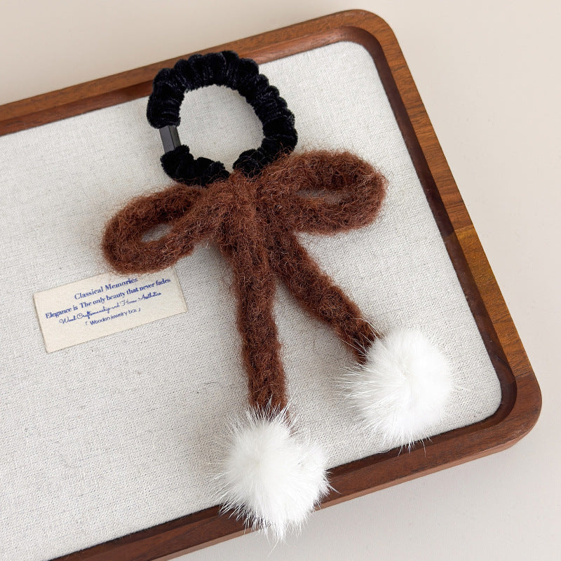 E廠-秋冬日系甜美毛線蝴蝶結髮圈少女白色毛球飾品可愛髮繩扎頭髮皮筋「26334」25.11-3