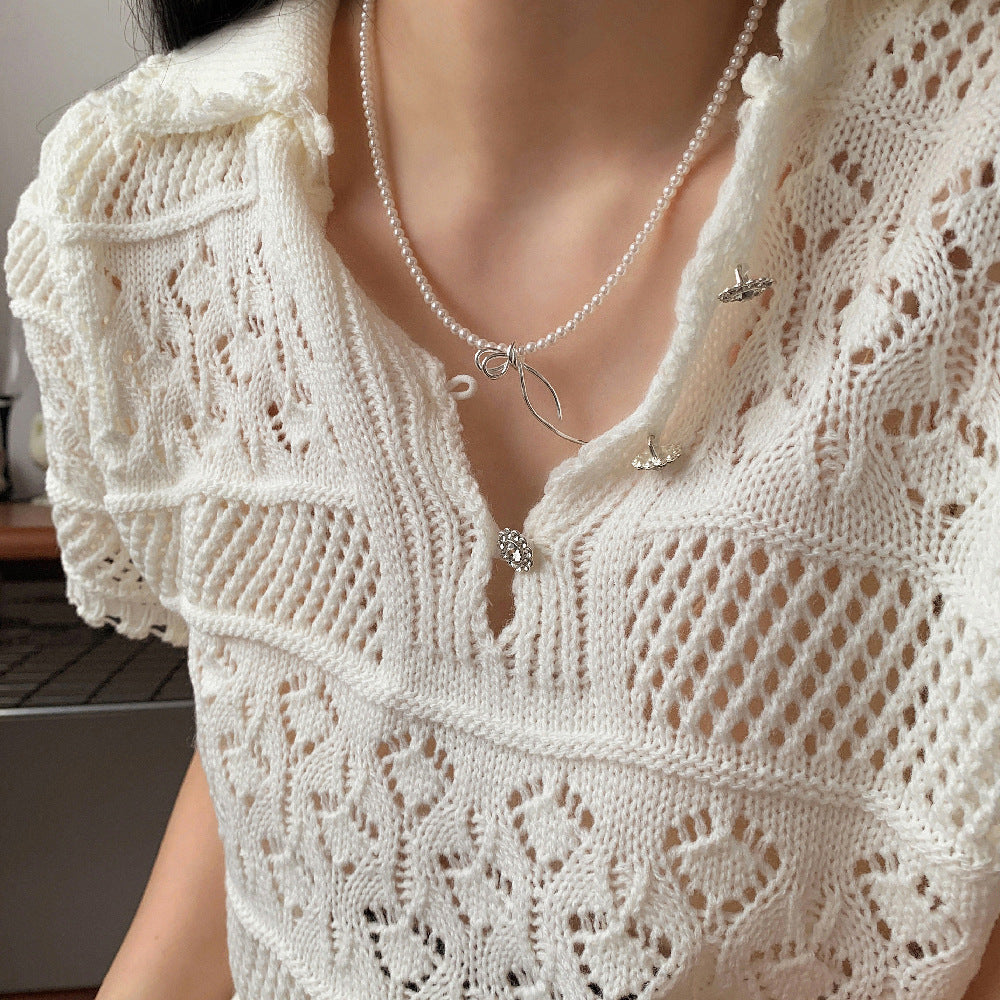 C廠-韓版蝴蝶結項鍊施家珍珠項鍊S925純銀項鍊女士項鍊「XG399」25.06-1