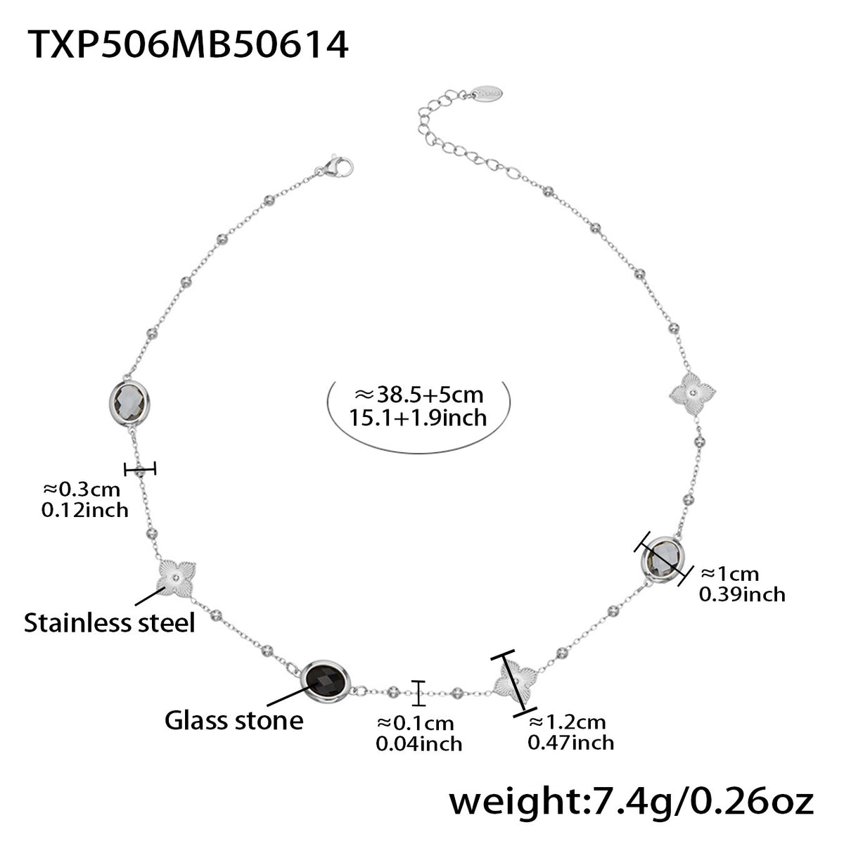 B廠-不鏽鋼十字夾珠鏈橢圓包邊切面玻璃石項鍊耳環首飾套裝鍍18k真金「TXP506」25.12-1