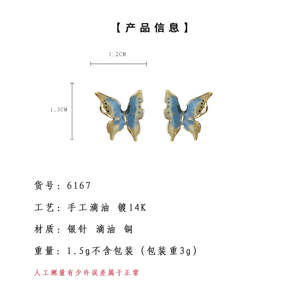A廠-【蝶群】幻彩蝴蝶琺瑯滴釉手工彩繪925銀針鍍14K新款耳飾工廠耳環「6167-6168」25.06-1