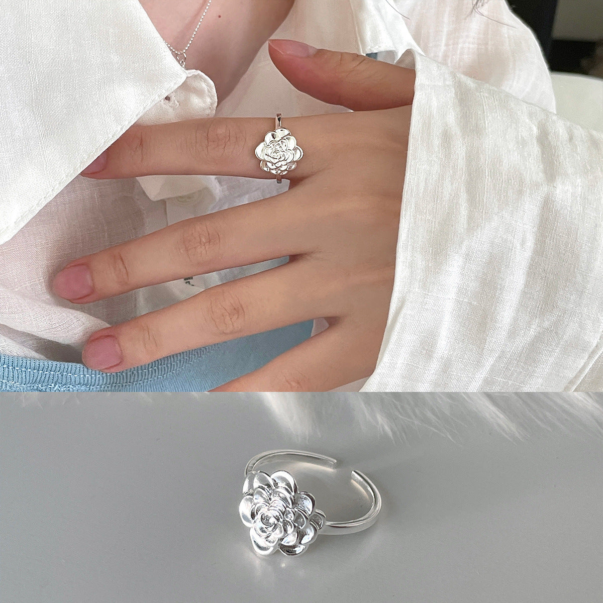 C廠-925純銀新中式玫瑰花戒指女小眾高級感ins風食指戒清新甜美指環「JZ-0711」25.09-4