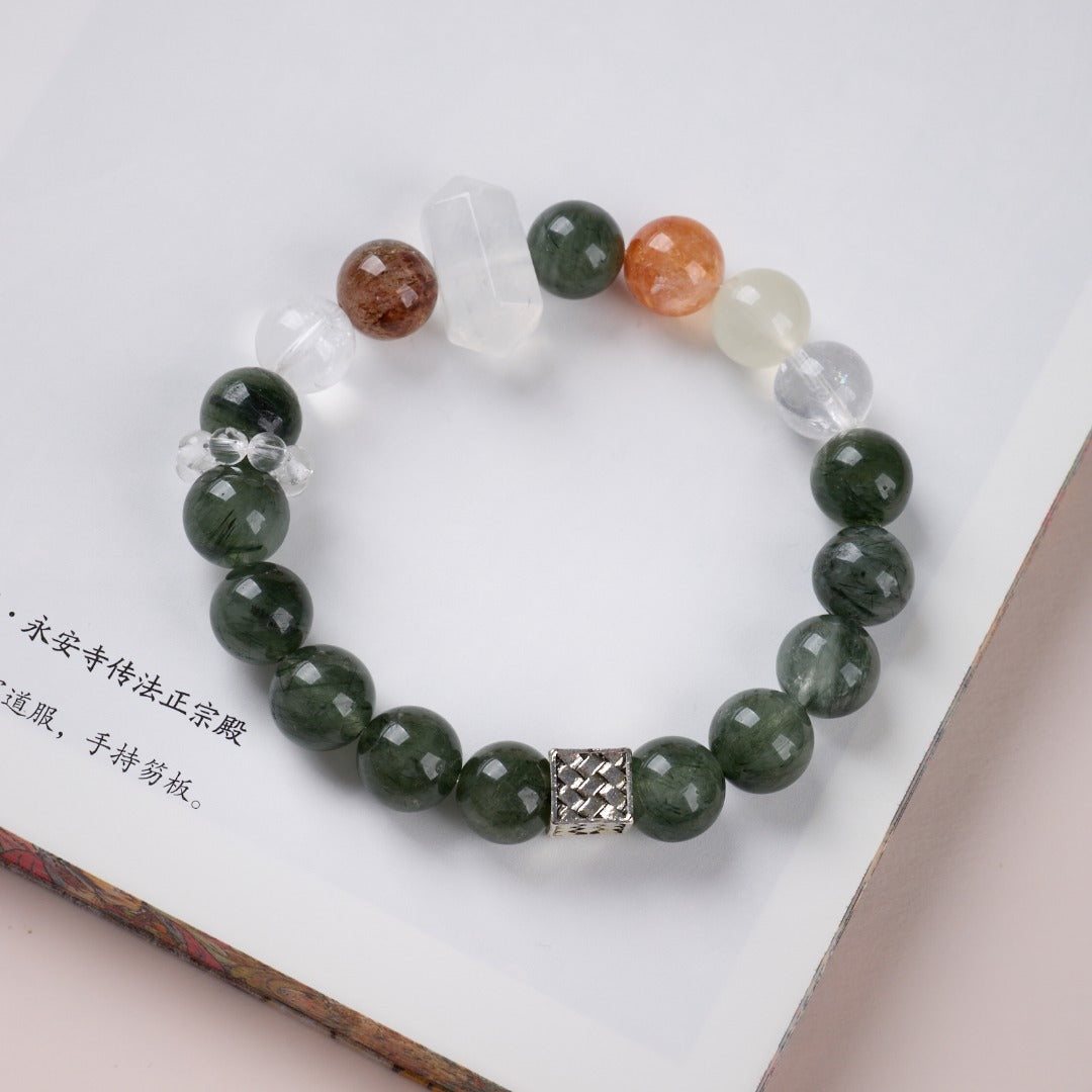 AS廠-天然10MM綠髮晶手鍊女好運白水晶紅膠花多寶高級感水晶手串批發「J101X116」25.08-3