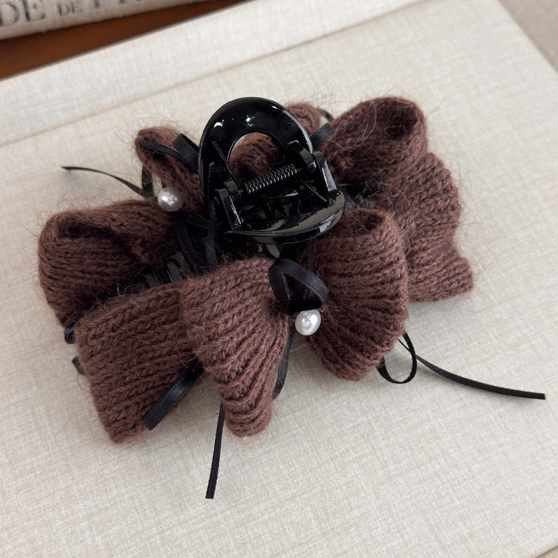 E廠-秋冬氛圍感韓系兔毛毛線珍珠絲帶蝴蝶結抓夾後腦勺髮夾精緻鯊魚夾「27667」25.11-2