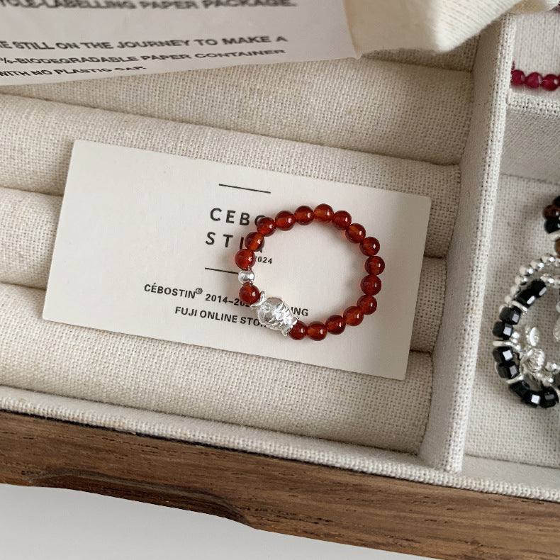 C廠-古風花朵葉子福袋小馬元寶蘋果紅瑪瑙彈力戒指S925純銀戒指女士「RB」25.11-4