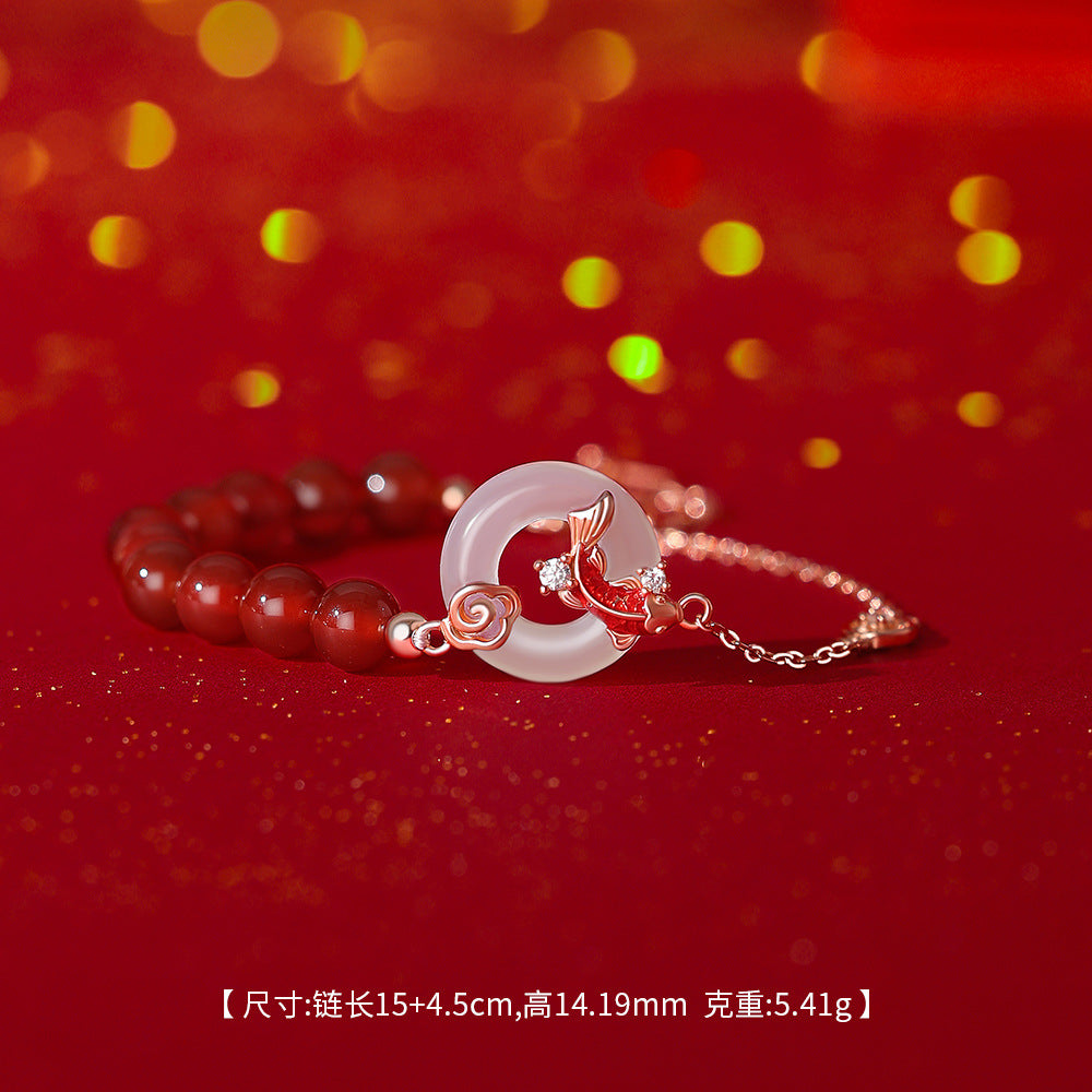 D廠-原創足銀S999紅瑪瑙白玉髓錦鯉平安扣項鍊個性手鍊新中式耳環批發「YC3379E_1 YC2289N_1 YC5110SL_1」25.12-2