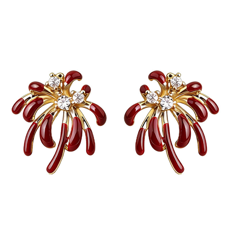 A廠-璀璨煙火微鑲鋯石琺瑯滴釉紅酒時尚高級感s925銀針新款耳飾女耳釘「7248」25.12-3