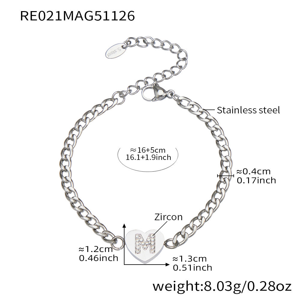 B廠-不鏽鋼愛心字母鑲嵌鋯石吊墜項鍊手鍊套裝 歐美個性首飾鍍18k真金「RP021」25.12-1