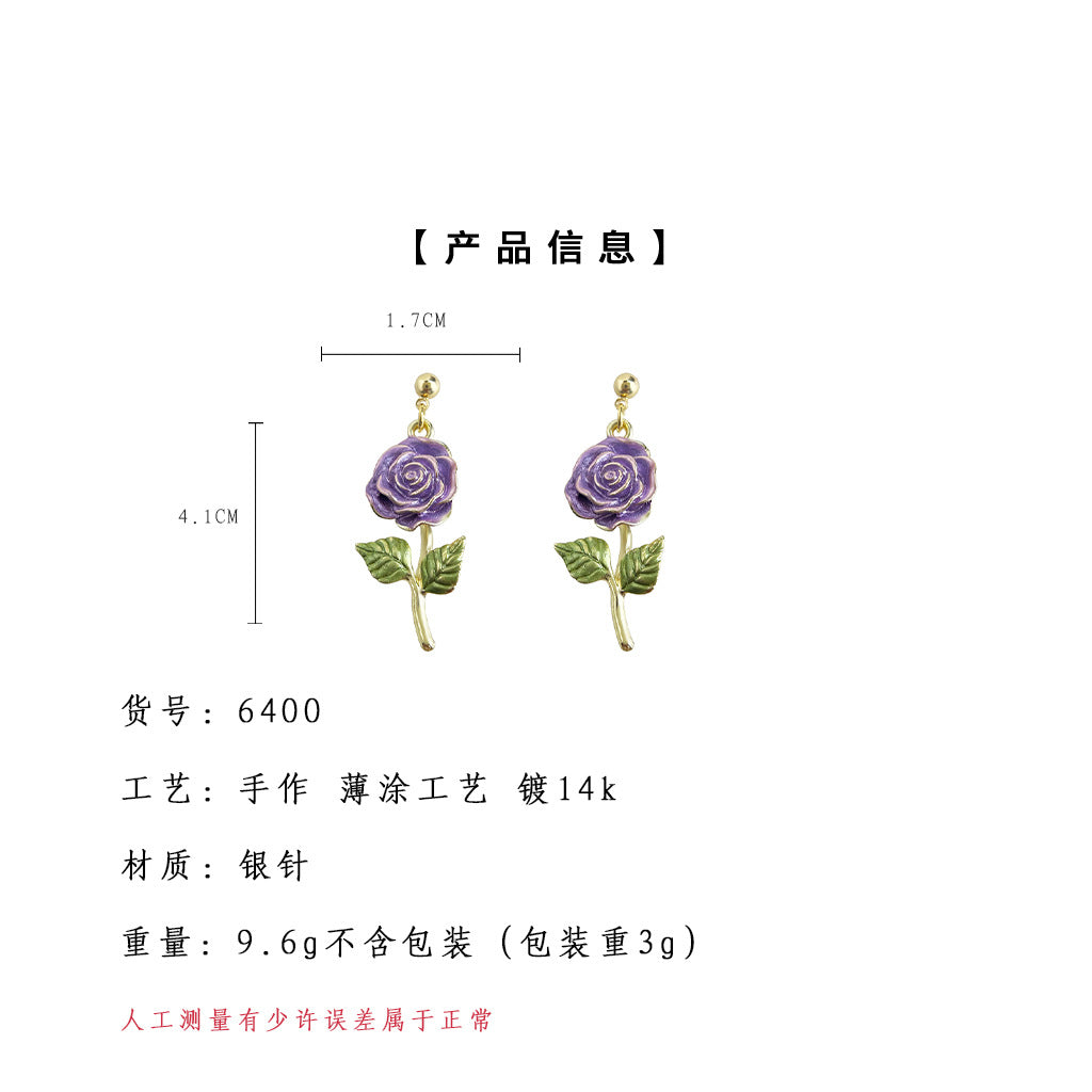A廠-森系甜美超仙紫玫瑰花朵耳環女氣質優雅文藝新款手工耳環「6400」25.07-2
