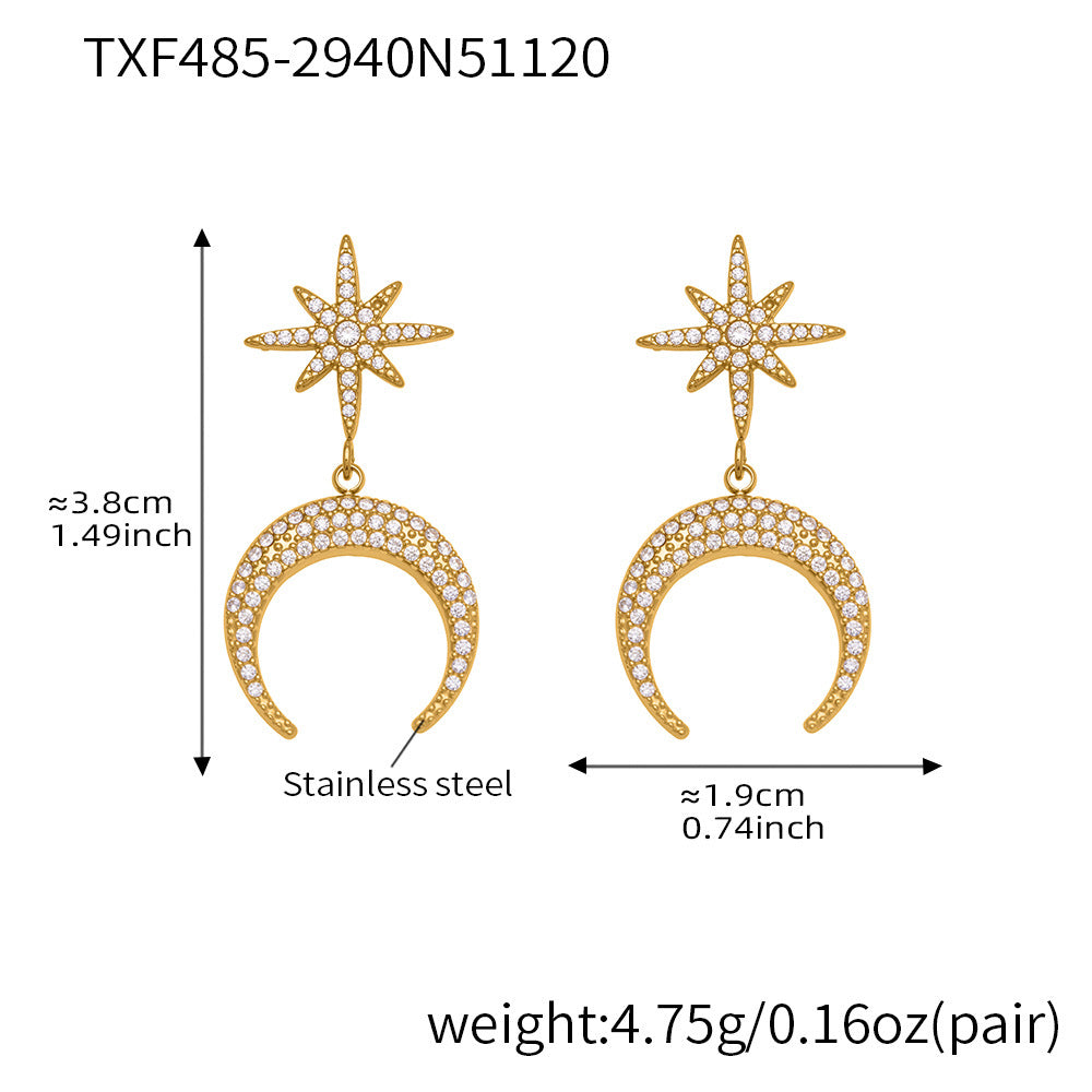 B廠-歐美熱銷新品不鏽鋼5A鋯石八芒星月牙吊墜耳環項鍊首飾套裝「TXP485」25.11-4
