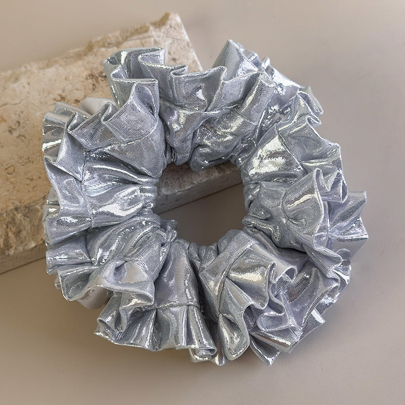 E廠-重工金屬銀色鐳射大腸髮圈女大號繡毬花褶皺髮圈頭花個性髮飾新「27394」25.08-5