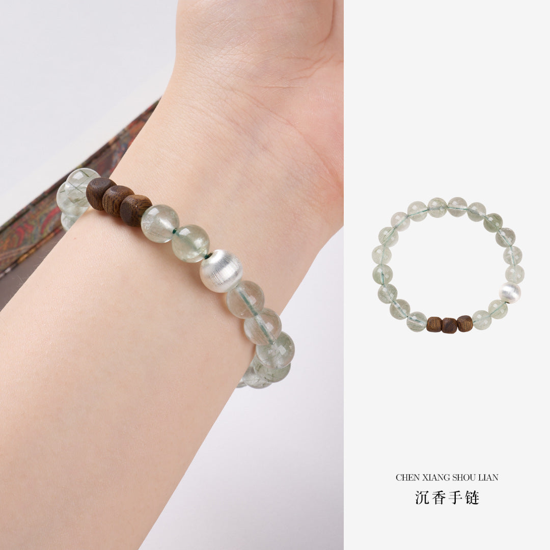 AS廠-天然8MM綠髮晶手鍊女S925銀沈香四方來財好運高級感水晶手串批發「J081X168」25.08-3
