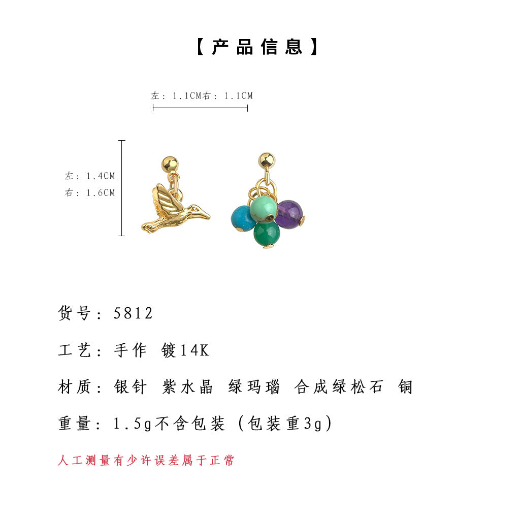 A廠-個性小眾不對稱設計ins天然石飛鳥手工耳飾2025新款耳環「5812」25.04-4