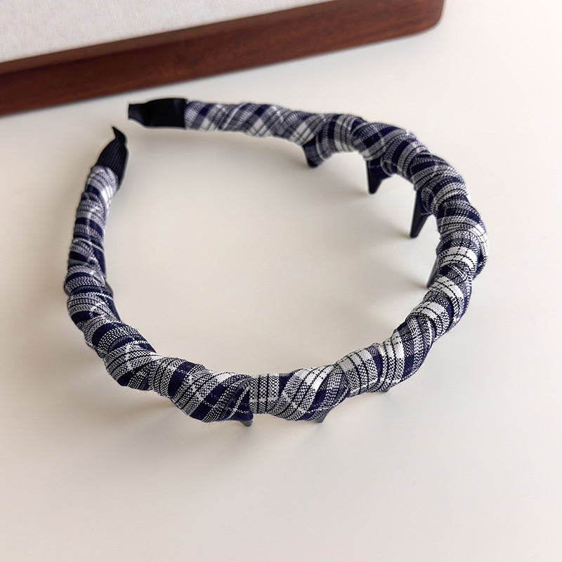 E廠-韓版格紋纏繞髮箍復古格子網紅百搭壓髮波浪帶齒頭箍高顱頂頭飾「27343」25.08-3