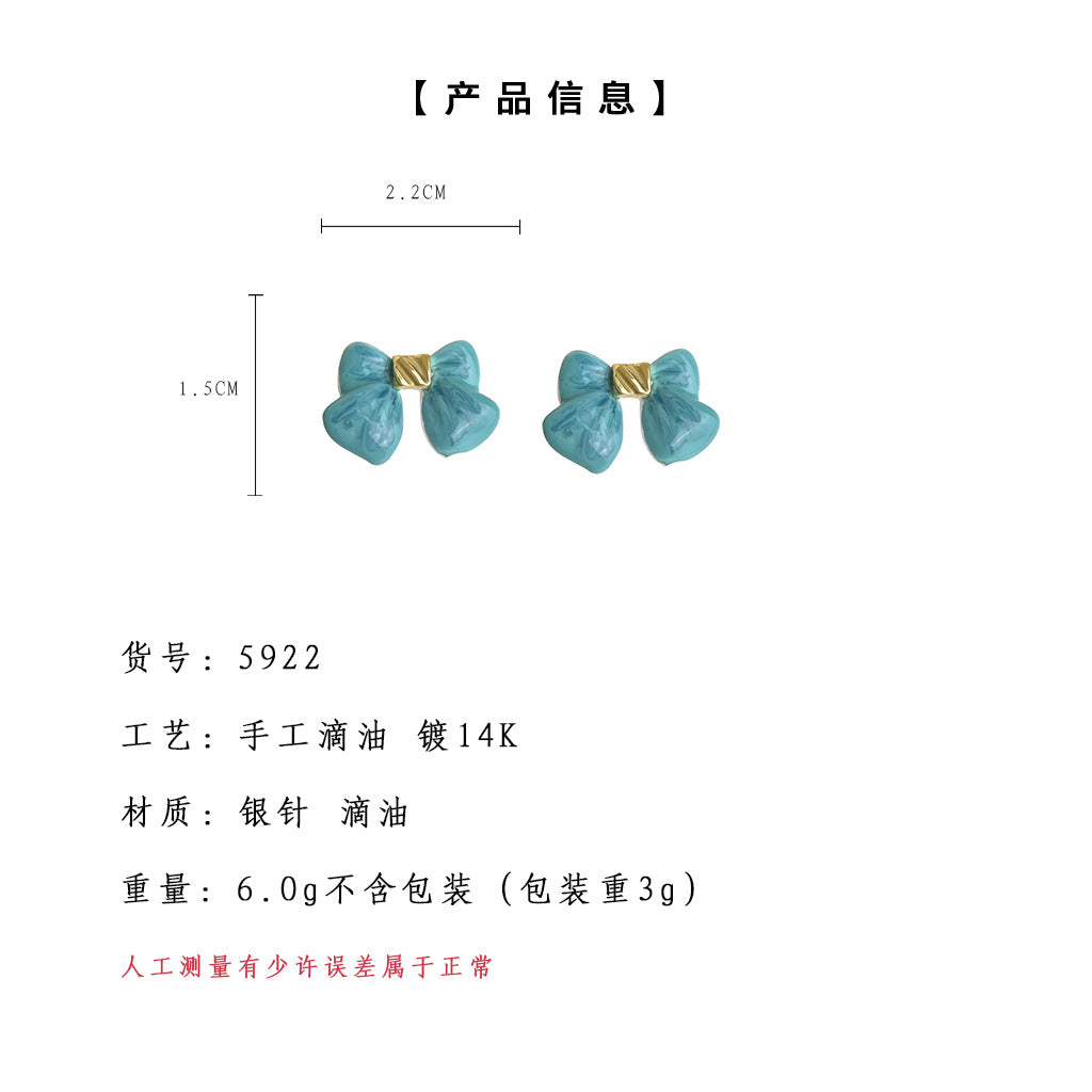 A廠-清新甜美海藍色蝴蝶結手工琺瑯滴釉耳環氣質優雅夏日新耳飾工廠「5922」25.04-4