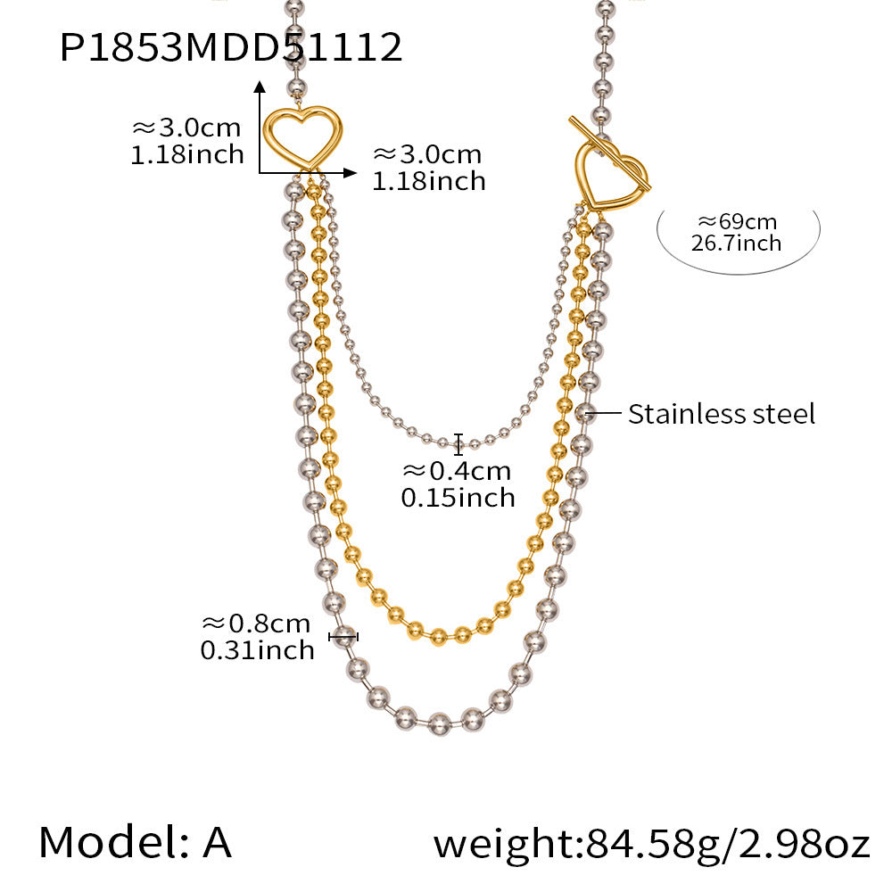 B廠-歐美拼色不鏽鋼愛心扣多層圓珠鏈項鍊ins個性時尚百搭飾品「P1853」25.11-3