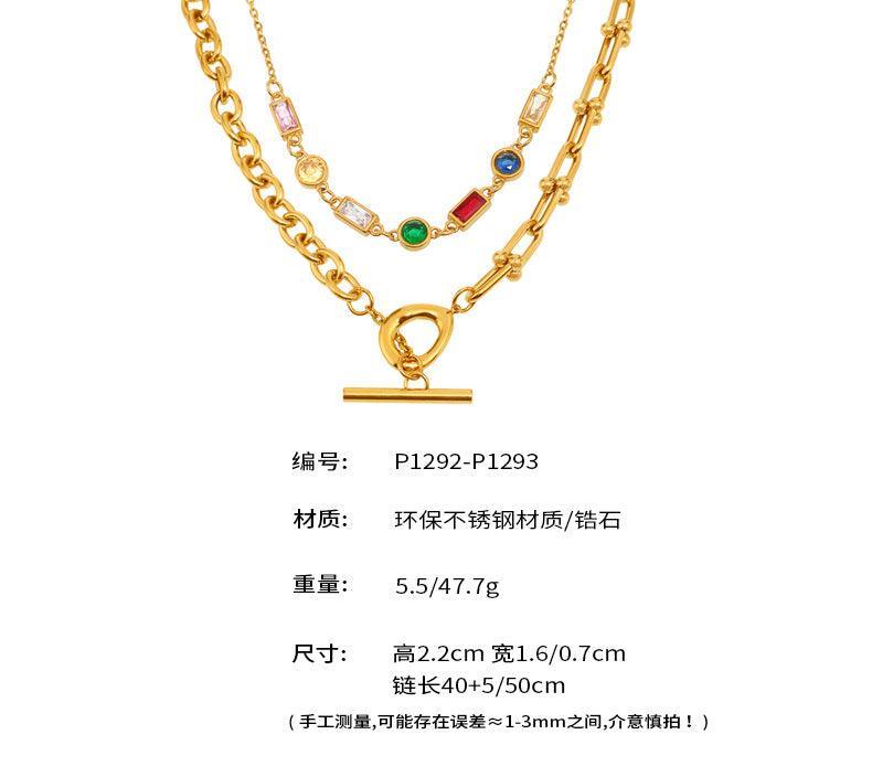 B廠-彩色鋯石鎖骨鏈OT鏈條多層疊戴歐美新款輕奢不鏽鋼首飾批發「P1292-P1293」25.04-2