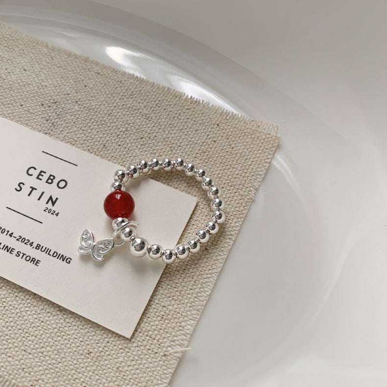 C廠-新中式古風大象小象小魚福袋蝴蝶結錢幣紅瑪瑙S925純銀彈力戒指「1520-1527」25.11-3