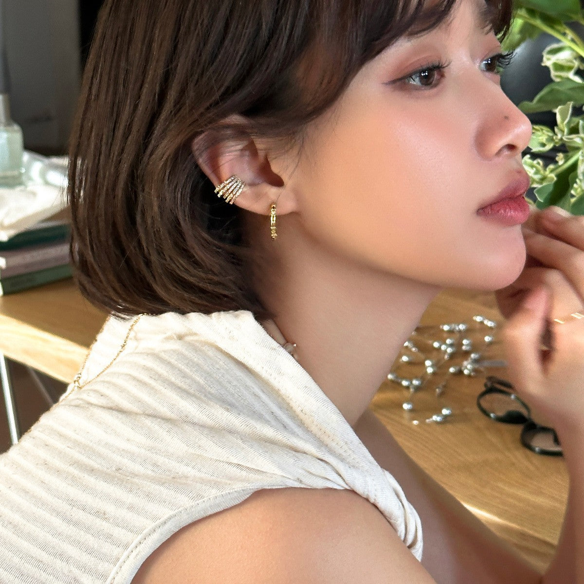 C廠-歐美ins風鋯石耳環女高級感疊戴風多層線條設計時尚耳環個性耳飾「EH-3973」25.10-1