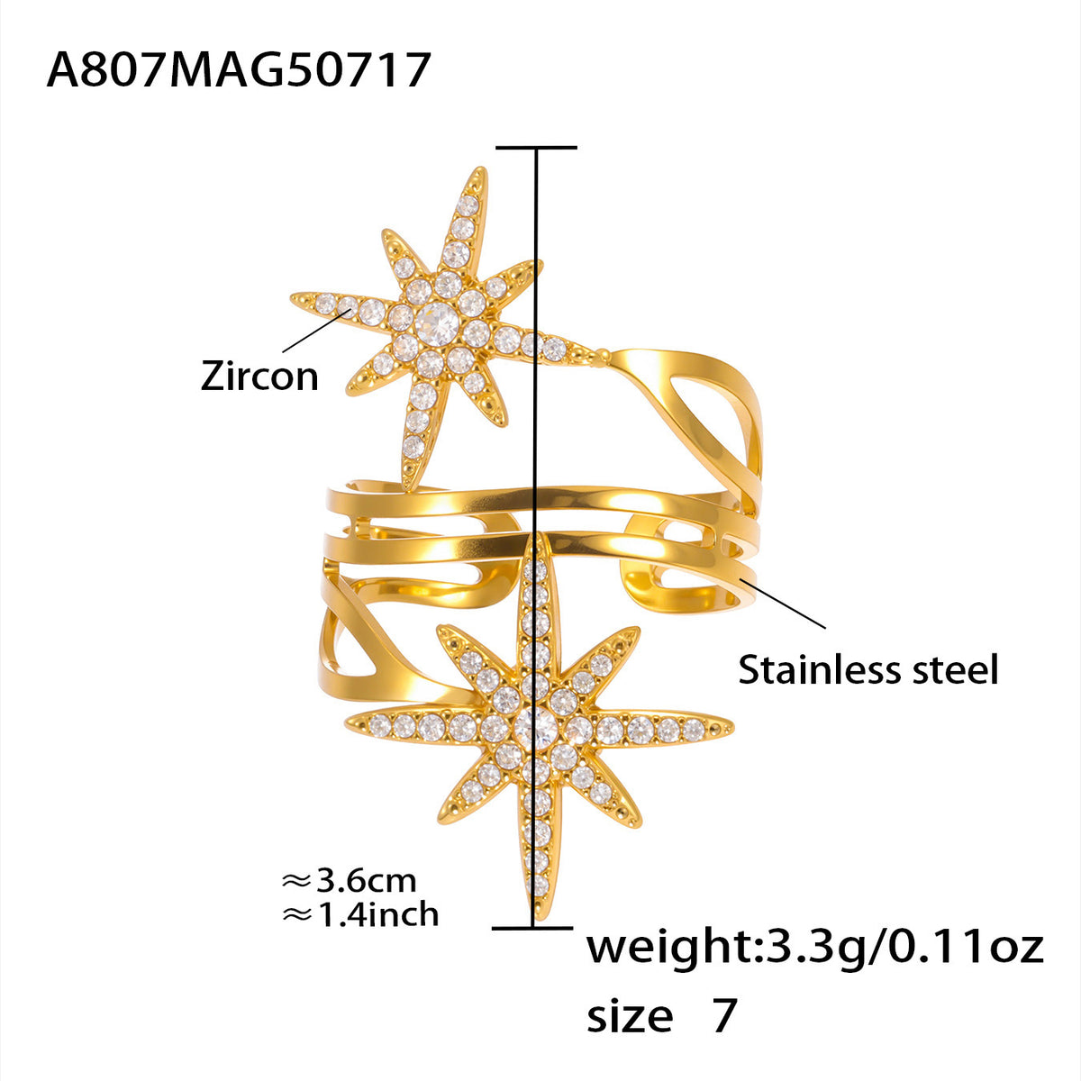 B廠-超閃鋯石八芒星開口鏤空戒指不鏽鋼18K金歐美網紅同款飾品「A790」25.07-4