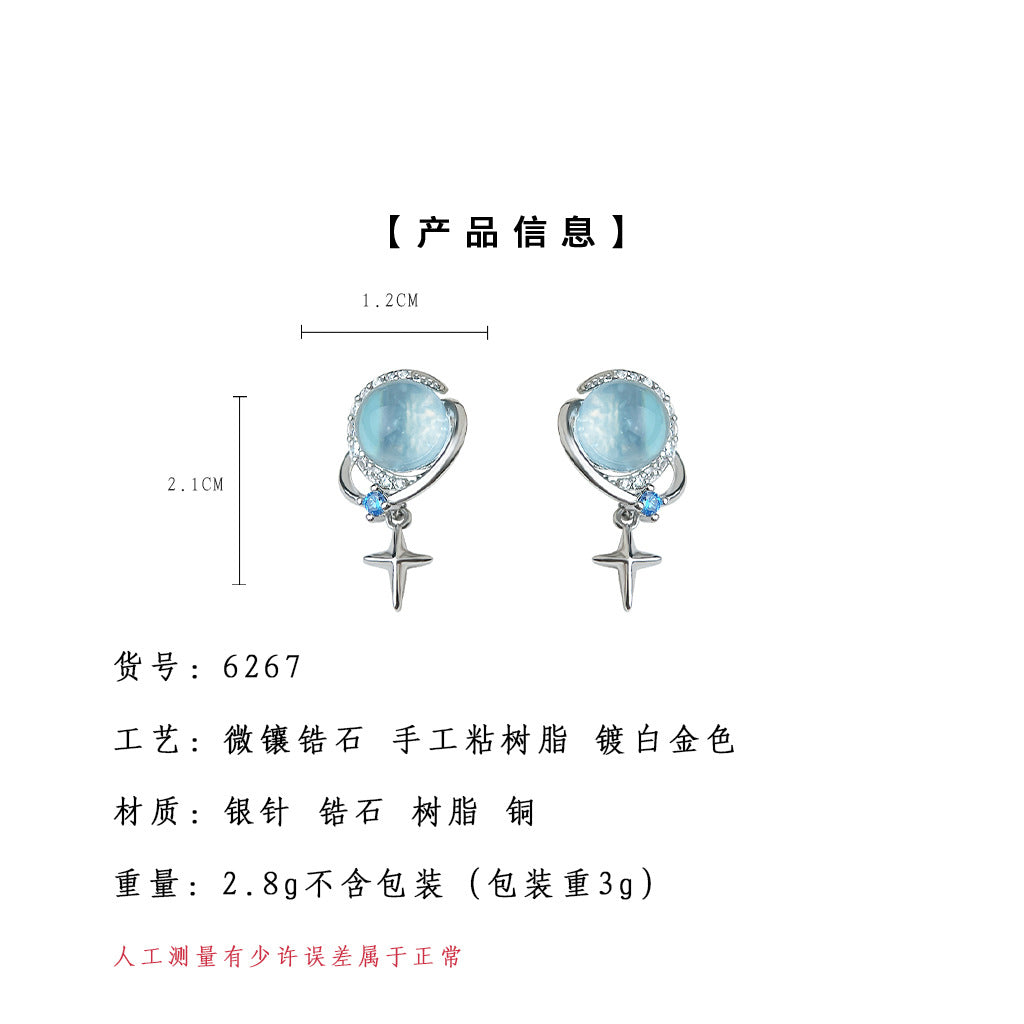 A廠-清新甜美新款微鑲鋯石925銀針海藍寶色八芒星耳飾工廠 耳環批發「6267」25.06-3