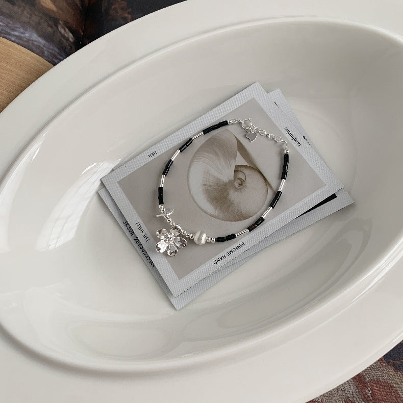 C廠-泰國清邁風手工銀花朵藍松石天然虎眼石直管S925純銀手鍊「1399」25.11-3