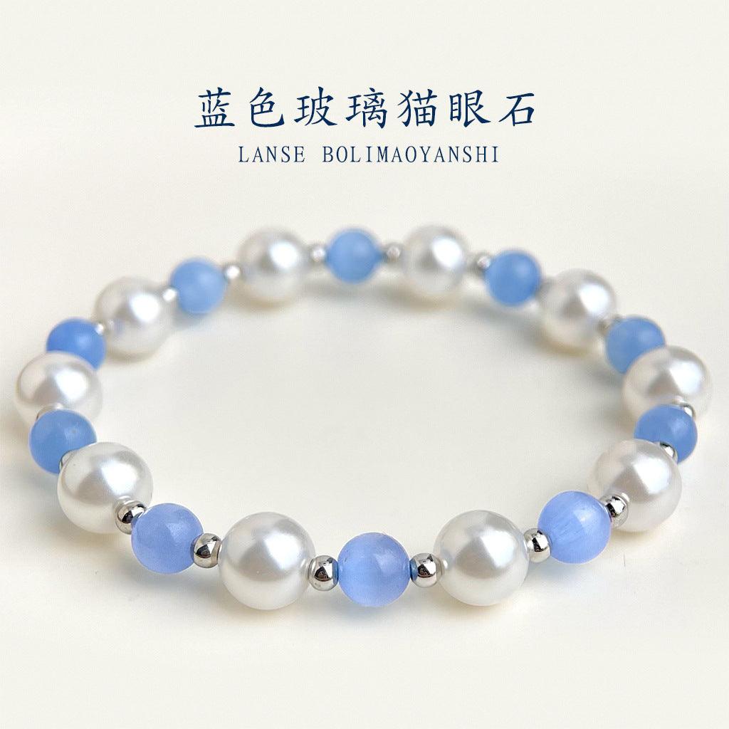 A廠-玻璃貓眼石水晶手鍊施家珍珠森系夏日清新甜美手串工廠手飾女批發「S255」25.03-4