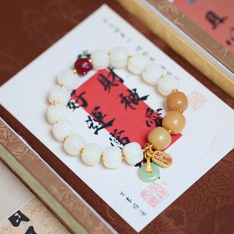 AS廠-靈隱祈福天然白玉菩提南瓜手串好運朱砂蓮花手鍊寺廟同款禮物批發「TL1010521」25.03-3