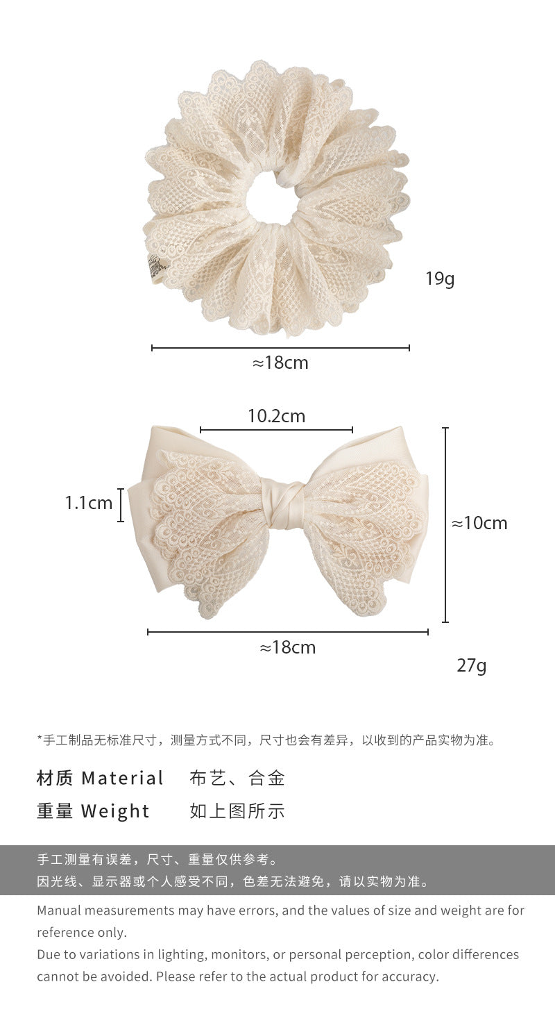 E廠-溫柔甜美米色刺繡蕾絲大腸髮圈小眾低馬尾盤髮頭繩蝴蝶結髮夾頭飾「26813」 25.04-3
