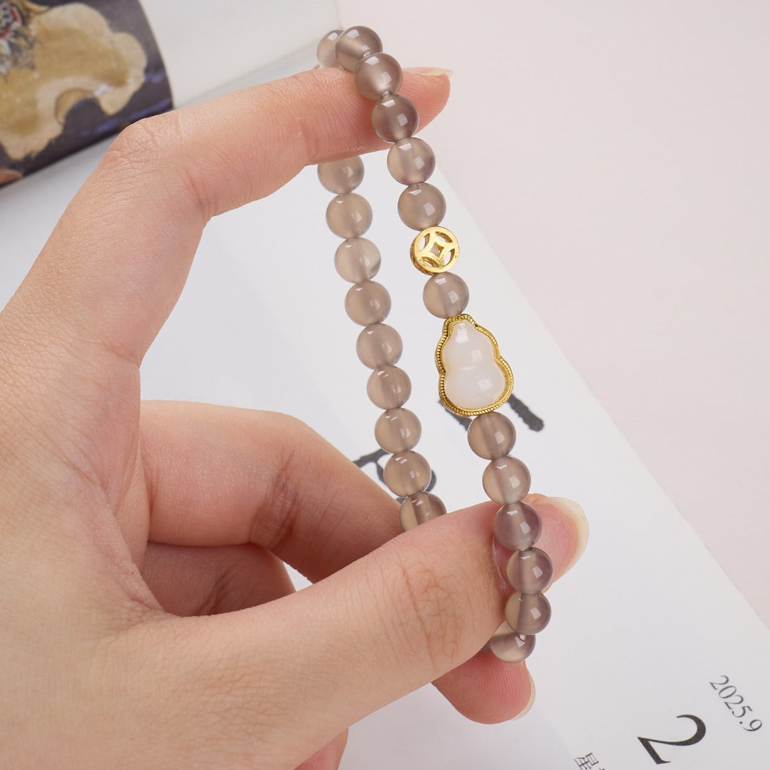 AS廠-天然6MM煙紫瑪瑙手鍊女葫蘆錢幣好運來財新中式瑪瑙國風手串批發「061X178」25.08-3