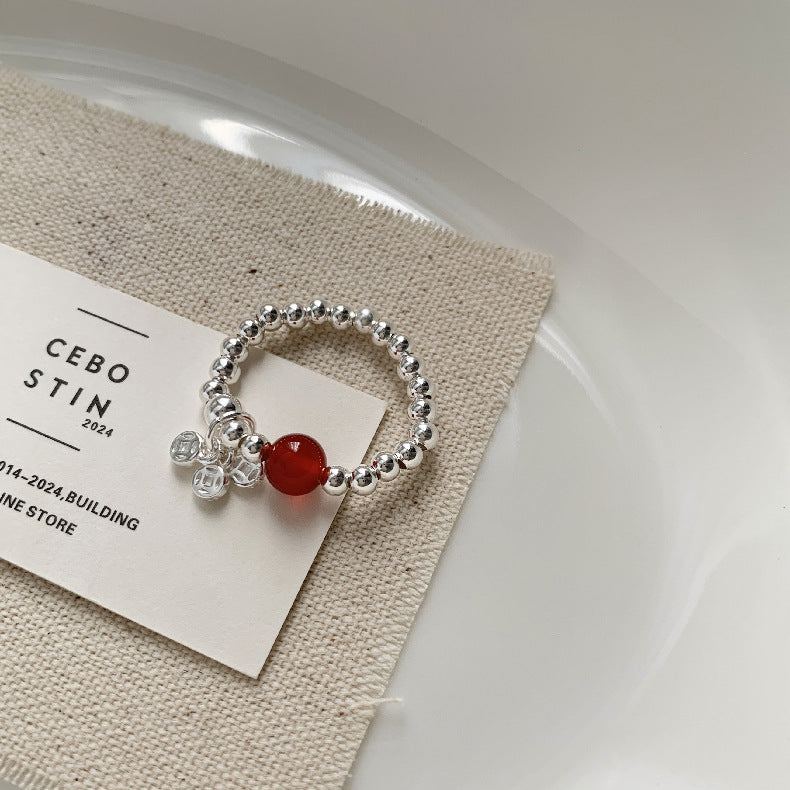 C廠-新中式古風大象小象小魚福袋蝴蝶結錢幣紅瑪瑙S925純銀彈力戒指「1520-1527」25.11-3