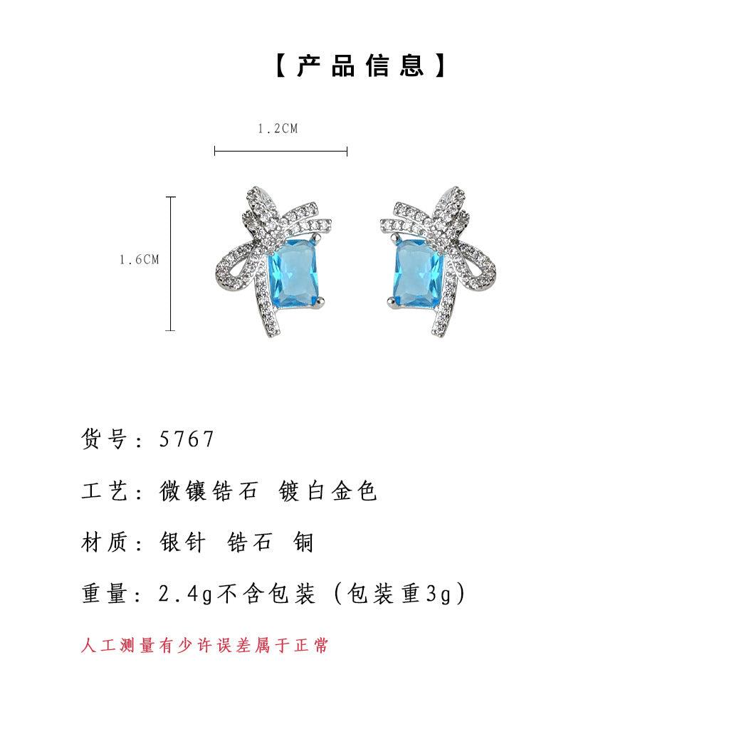 A廠-微鑲鋯石海藍寶色925銀針海灘度假風蝴蝶結新款耳飾 甜美耳環「5767」25.04-1