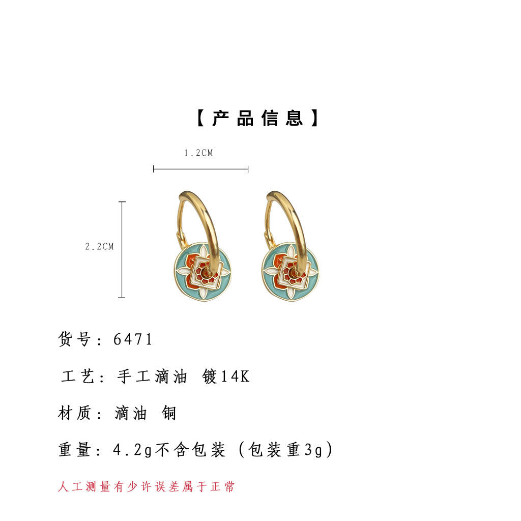 A廠-原創文藝復古紋樣圓形新中式幾何琺瑯滴釉彩繪耳飾工廠新款耳環「6471」25.08-1