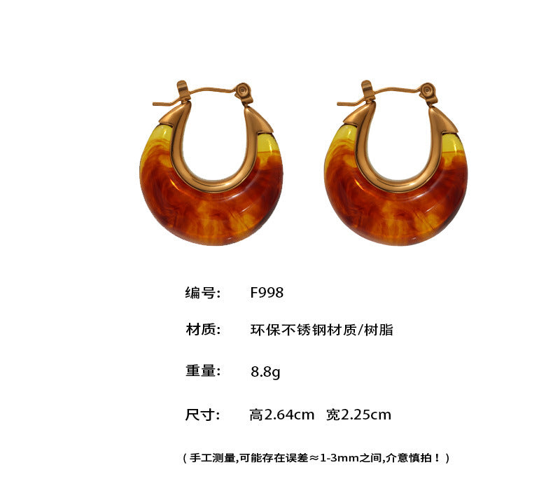 B廠-透亮樹脂月亮U形耳環歐美ins時尚通勤不鏽鋼保色耳扣耳飾女「F998」25.05-1