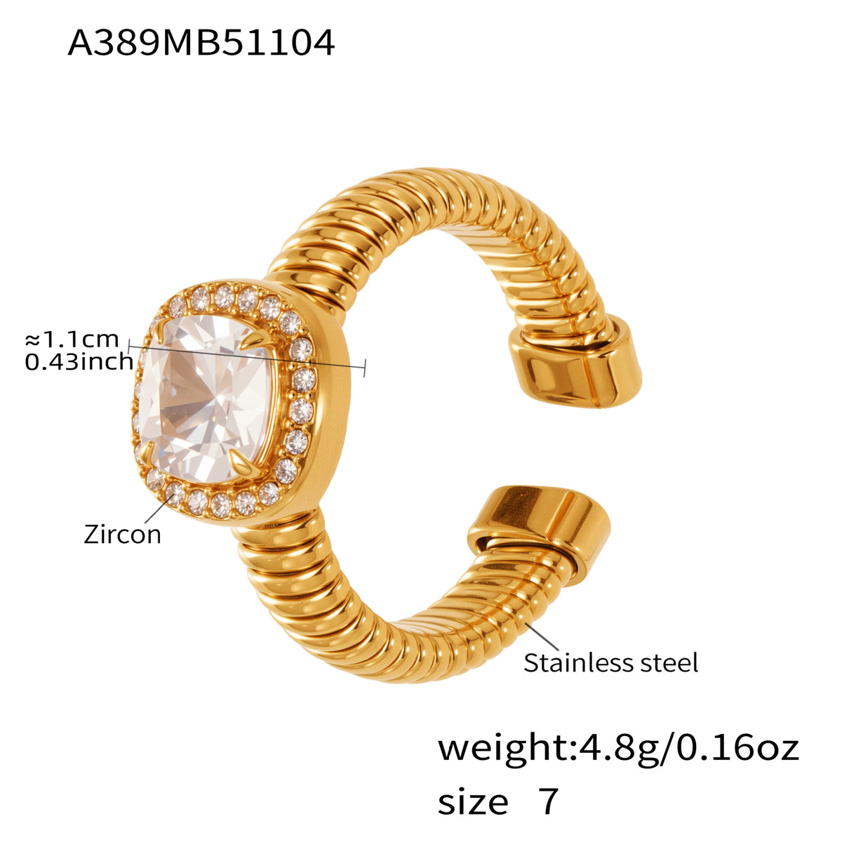 B廠-跨境熱賣新款不鏽鋼方型5A鋯石開口戒指ins風簡約百搭指環「A394-A389」25.11-2