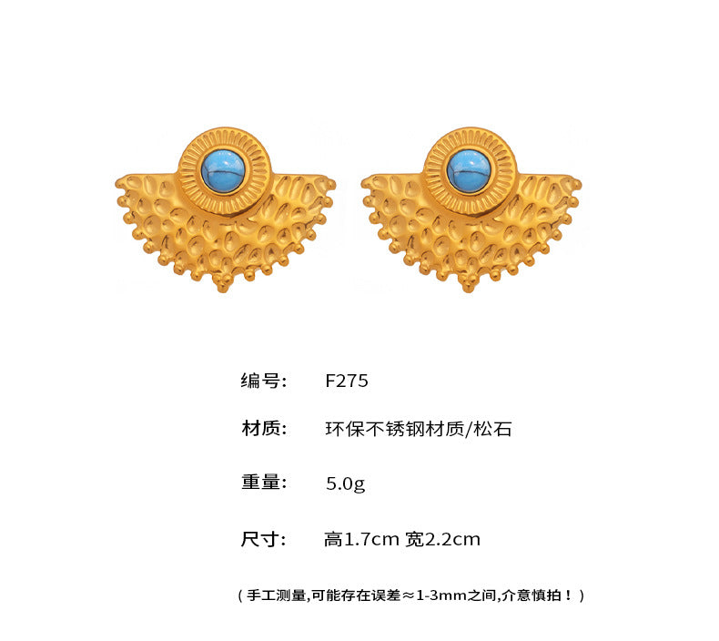 B廠-天然藍松石孔雀扇形耳釘精緻氣質耳飾不鏽鋼18K真金「F275」25.05-3