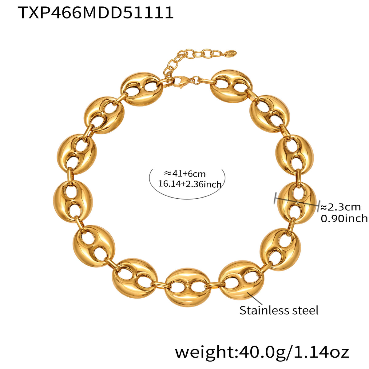 B廠-時尚輕奢風光面橢圓形豬鼻子項鍊手鍊套裝不鏽鋼鍍18k真金「TXP466」25.11-3