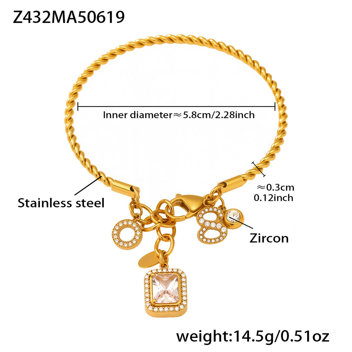 B廠-5A鋯石麻花細圈手鐲DIY多配件不鏽鋼18K金歐美時尚新款鐲子「Z432」25.06-4