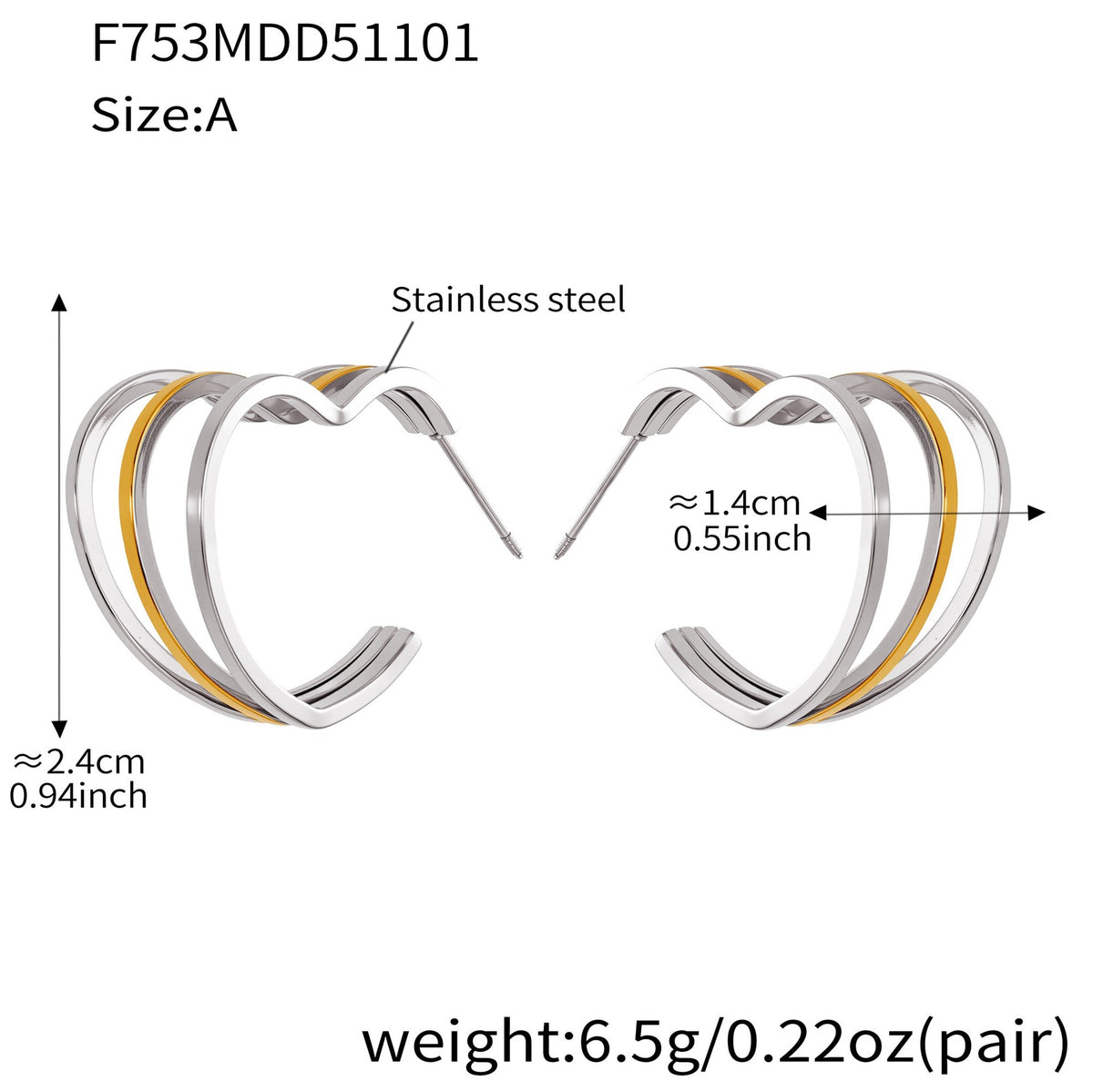 B廠-ins風小眾設計三層愛心形耳環不鏽鋼18k鍍金耳釘不掉色耳飾「F753」25.11-1