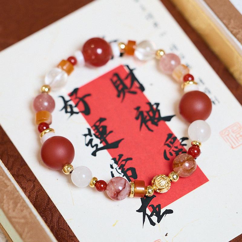 AS廠-天然磨砂紅瑪瑙紅膠花多寶水晶手串本命年好運錦鯉膠花手鍊女批發「HMN1210788」25.03-3