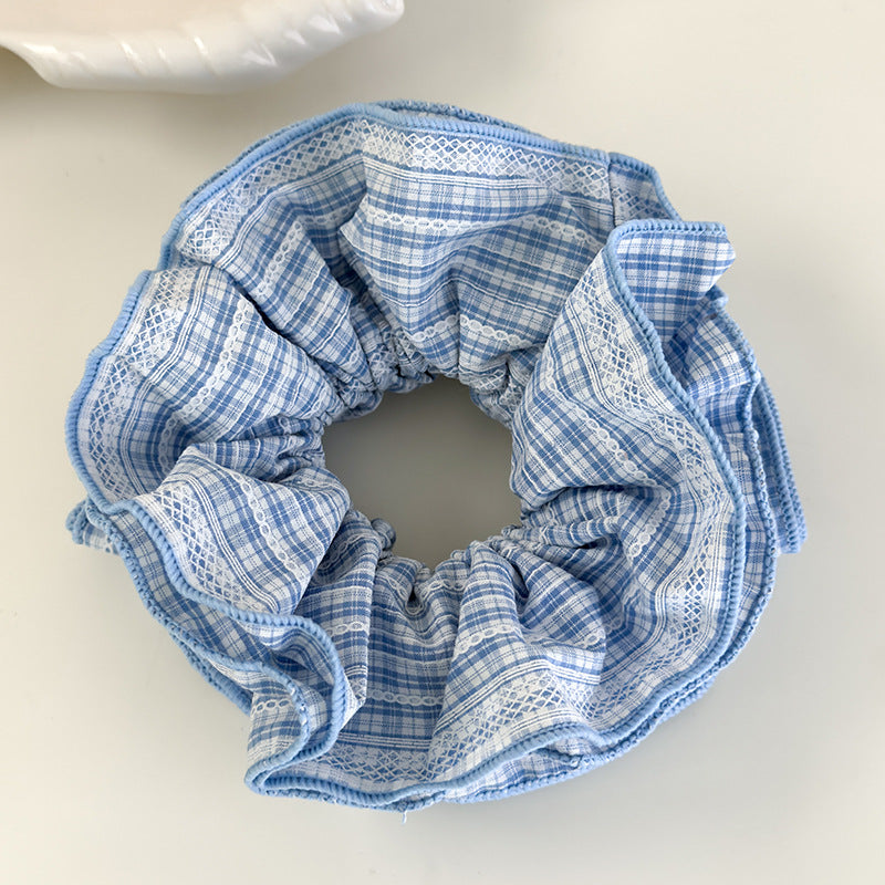 E廠-春夏新款藍色系蕾絲格子大腸髮圈女小蠻腰頭飾丸子頭大號髮繩髮飾「26536C 26481D 26844」25.04-4