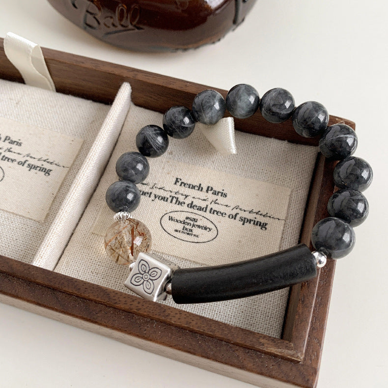 C廠-藏式古風 花朵方糖天然黑金超七水晶沈香木半鐲墨玉手串手工手鍊「1611」25.11-4