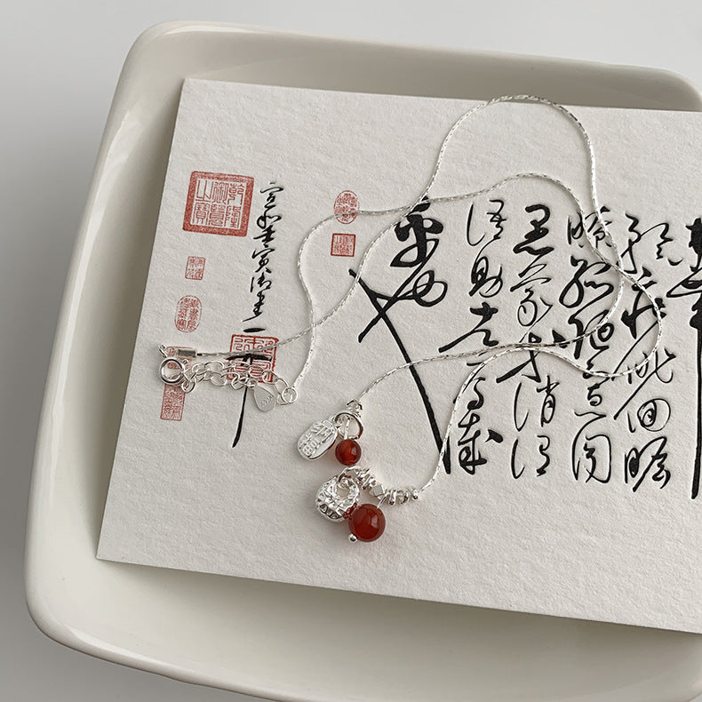 C廠-復古風喜樂福袋招財貓錢幣納福紅瑪瑙S92純銀項鍊女士「X990」25.05-1