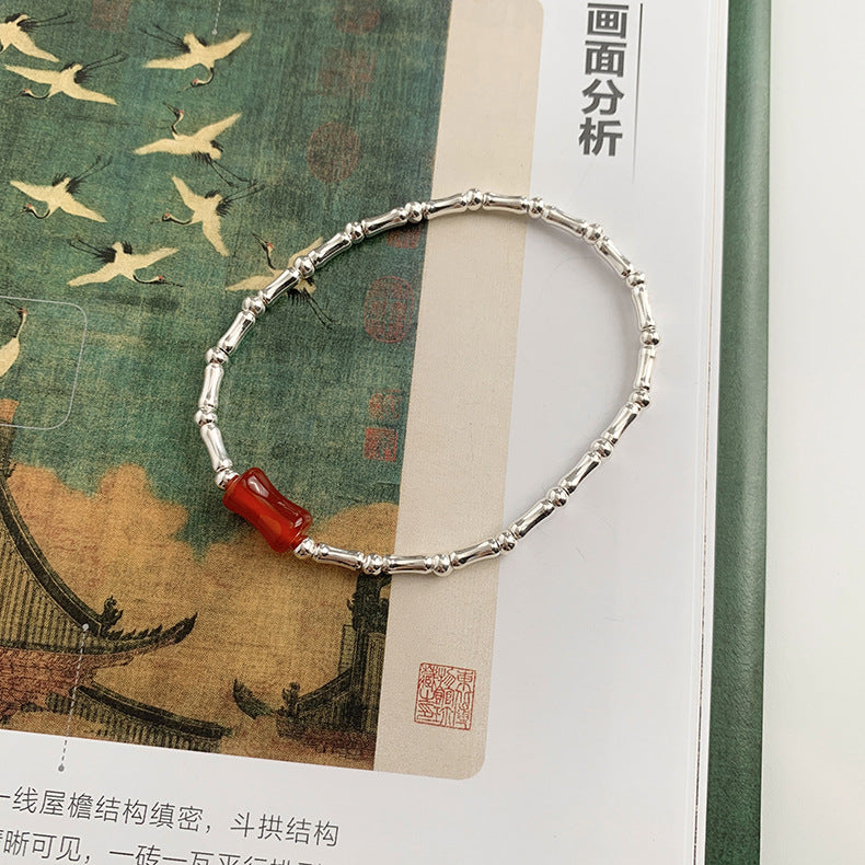 C廠-新中式國風復古風竹節紅瑪瑙福字圓球紅瑪瑙手串S925純銀手鍊「S828」25.06-1