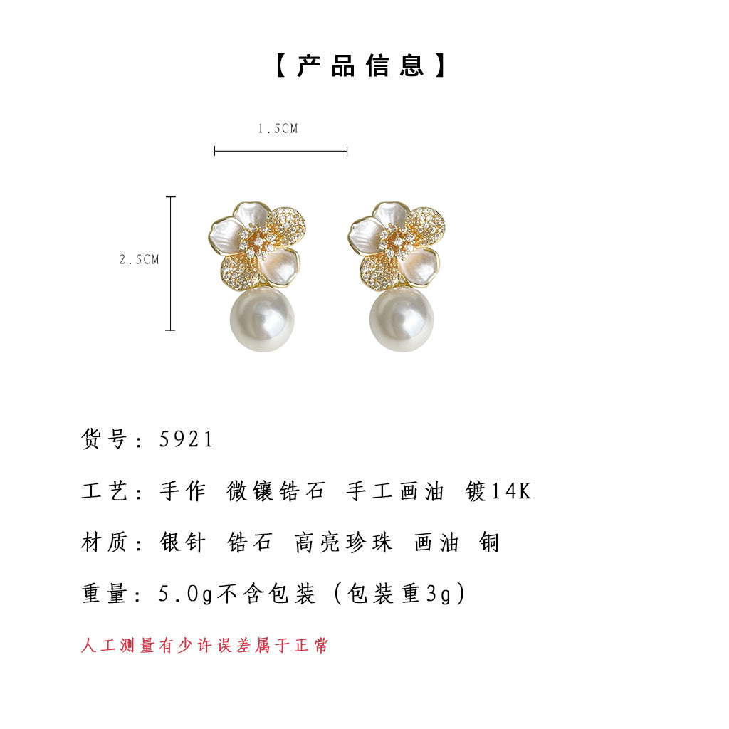 A廠-微鑲鋯石925銀針鍍14K立體山茶花珍珠耳環優雅高級感花耳環「5921」25.04-4