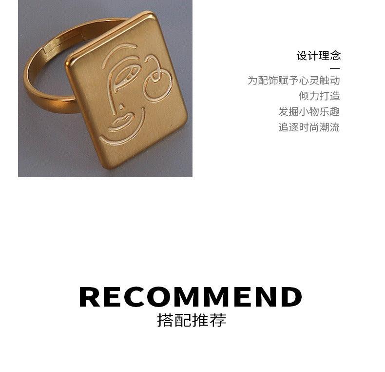 B廠-歐美復古ins風人臉幾何方塊戒指女不掉色鈦鋼18k金指環「A102」24.05-2