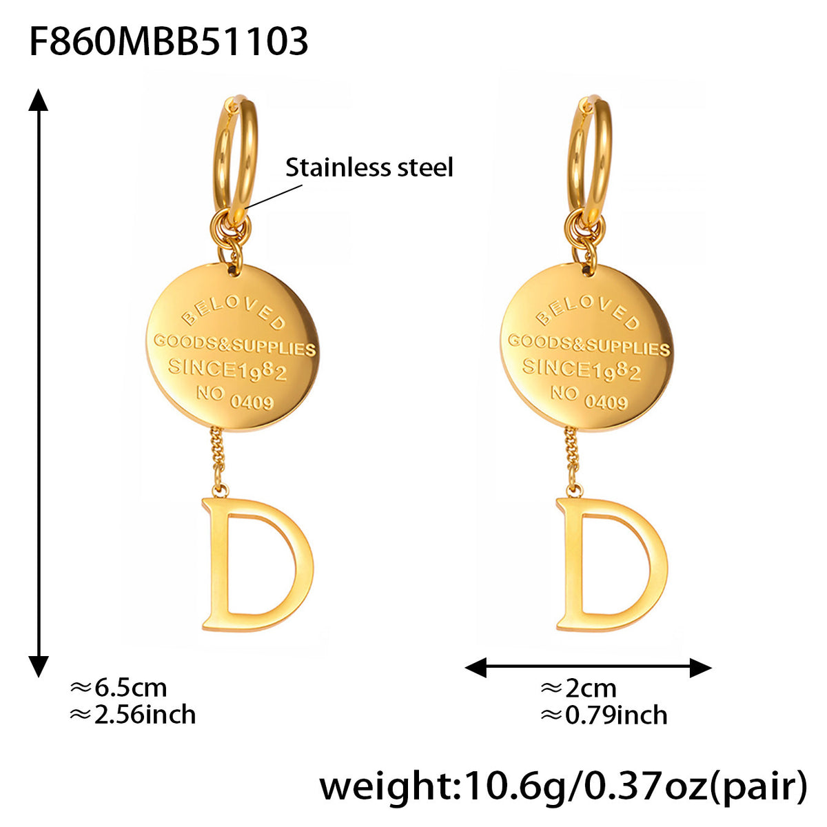 B廠-不鏽鋼圓牌字母大膠珠吊墜耳環跨境小眾設計耳飾鍍18k真金不掉色「F860-F861」25.12-2