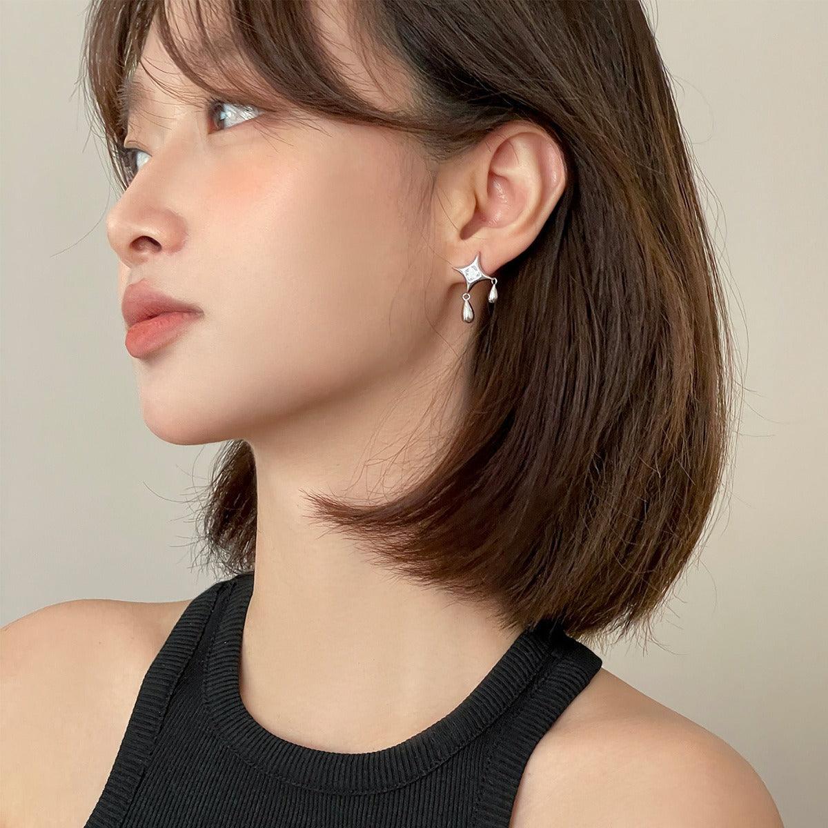 C廠-925銀針星星鋯石耳釘女水滴流蘇設計高級耳環簡約時尚氣質耳飾「EH-3147」24.09-2