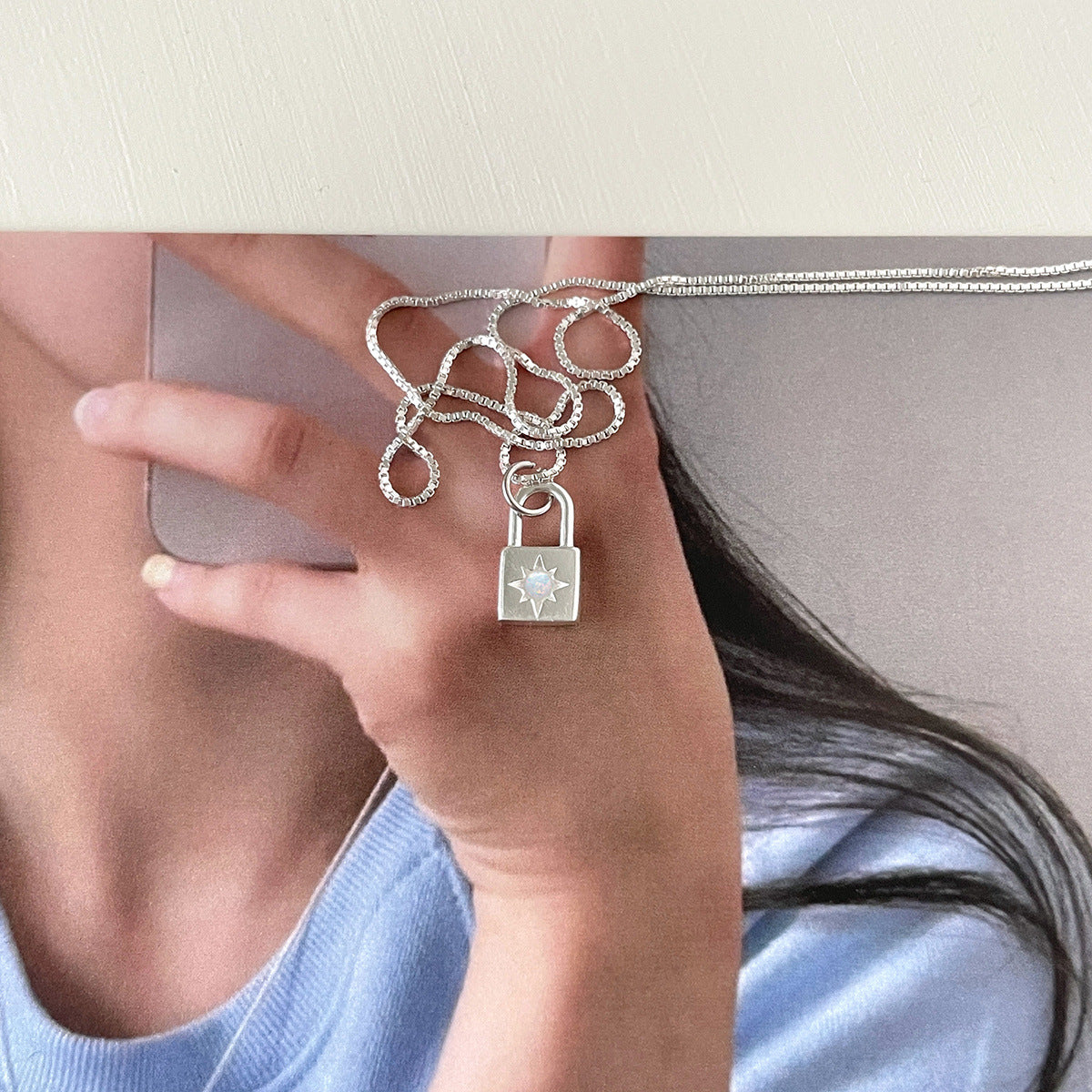 C廠-925純銀個性鎖頭吊墜鋯石項鍊女精緻甜美歐泊石鎖骨鏈ins百搭頸鏈「XL-1085」25.04-3