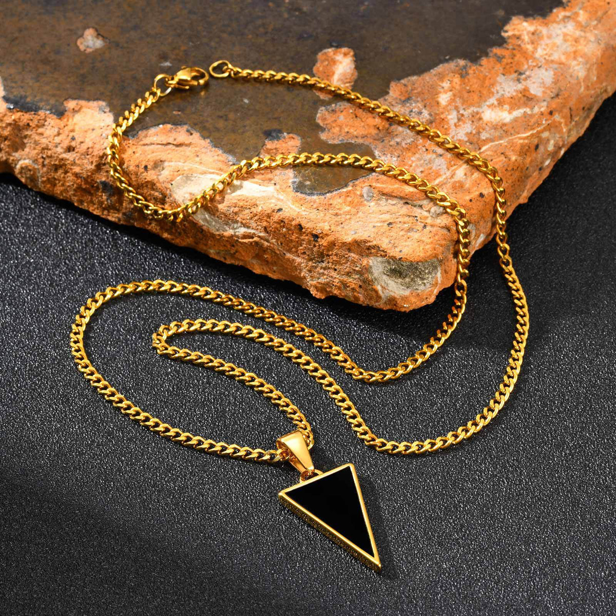 G廠-不鏽鋼潮流玩家極簡主義者三角形黑瑪瑙吊墜鋼色疊戴自由「PN-2201」25.11-2